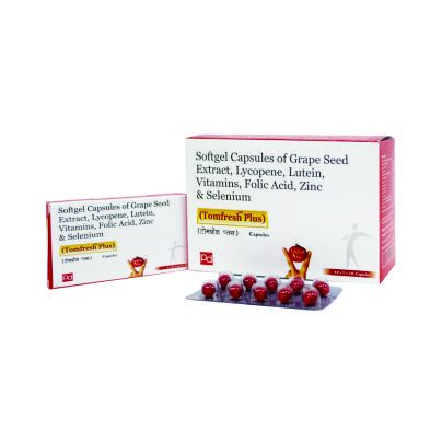 GRAPE SEED EXTRACT, LYCOPENE,VITAMINS , LUTEIN, FOLIC ACD, ZINC & SELENIUM DIOXIDE (SOFT GEL) (TOMFRESH-PLUS)